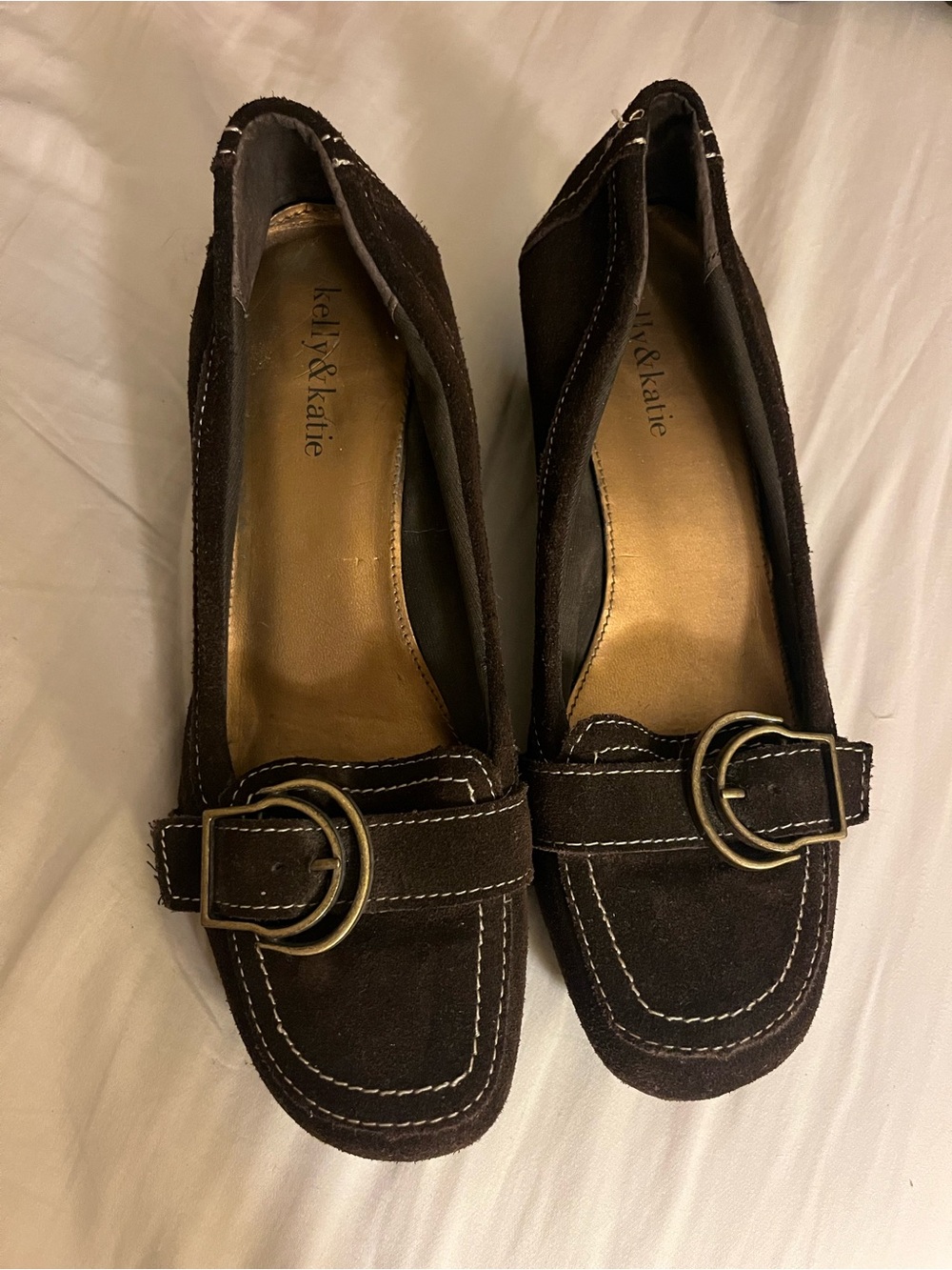 Kelly & Katie Dark Brown Suede Loafers with Buckle Detail and Slight Heel